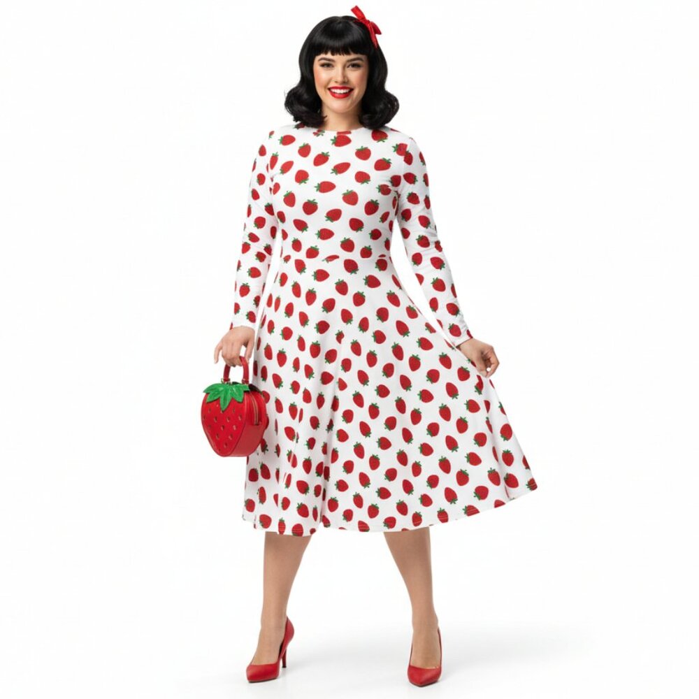 Vintage Strawberry 1950s Pinup Long Sleeve Dress - Picture 4 of 12